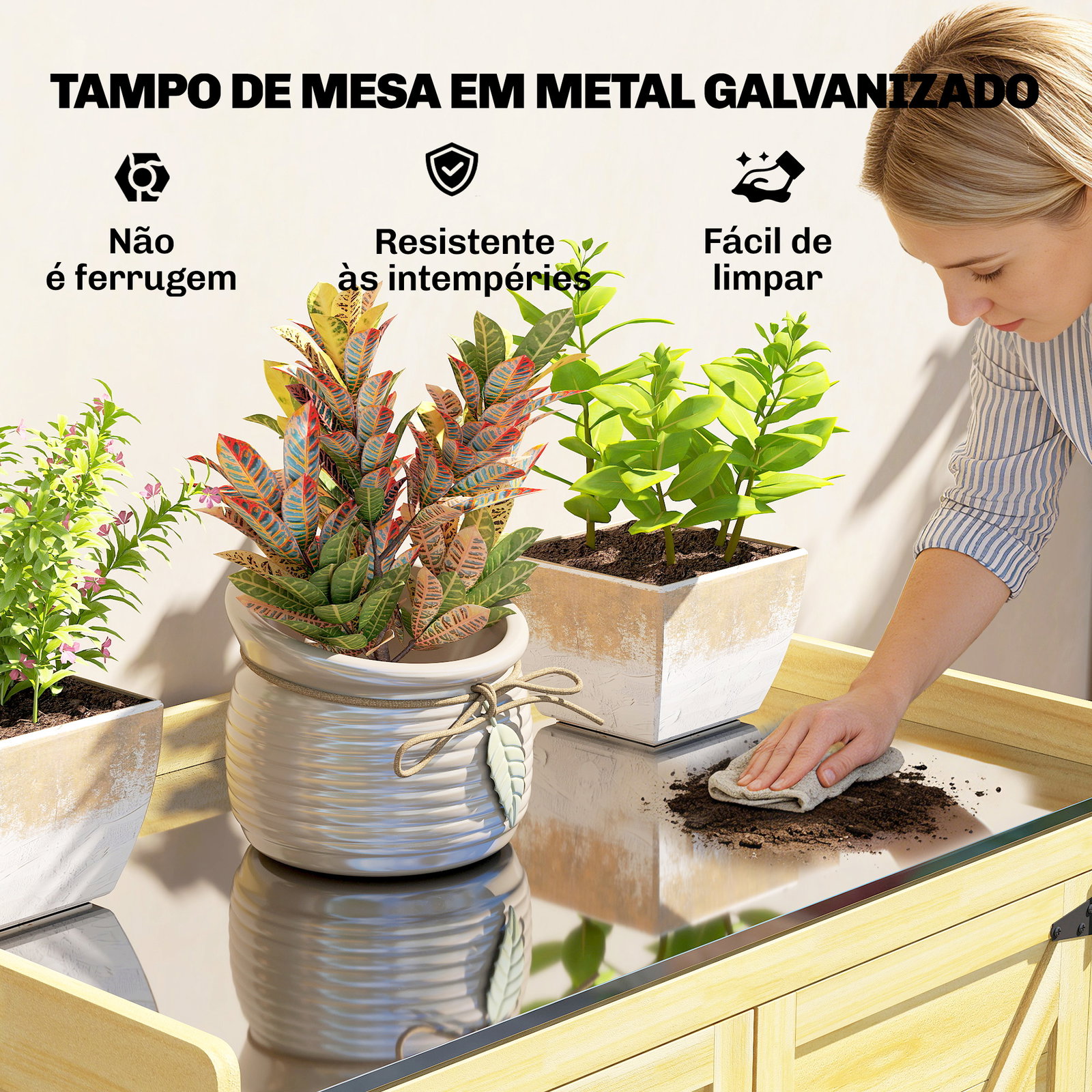 Armário de jardim em madeira com teto de metal, prateleiras e ganchos para armazenamento de ferramentas, 71,5x39x95 cm