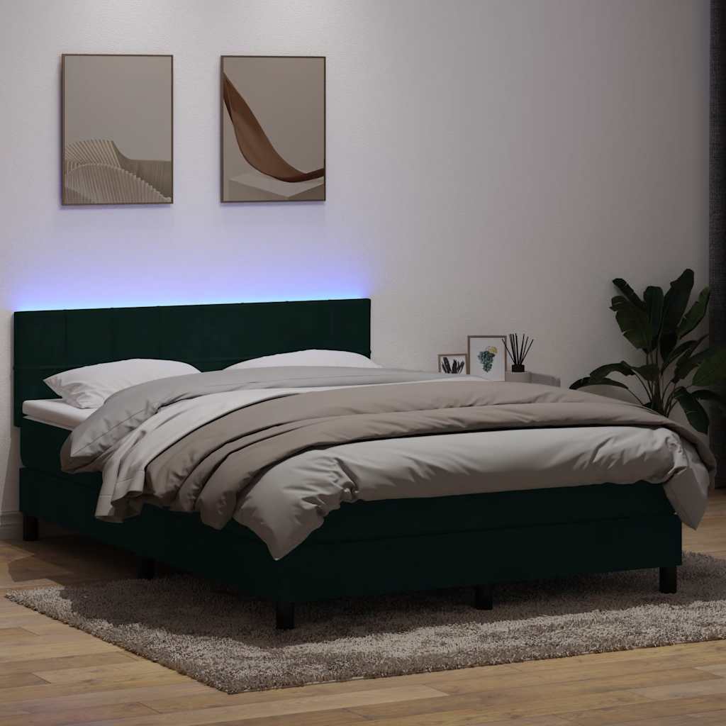 Cama box spring c/ colchão e LED 160x220 cm veludo verde-escuro