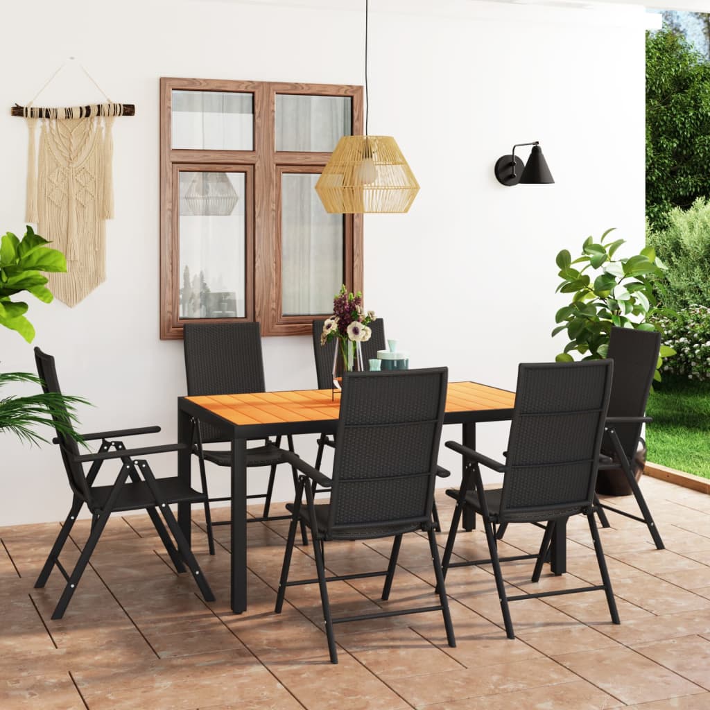 7 Pcs conjunto de jantar para jardim preto e castanho