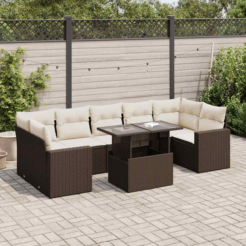 8 Pcs conjunto sofás de jardim c/ almofadões vime PE castanho