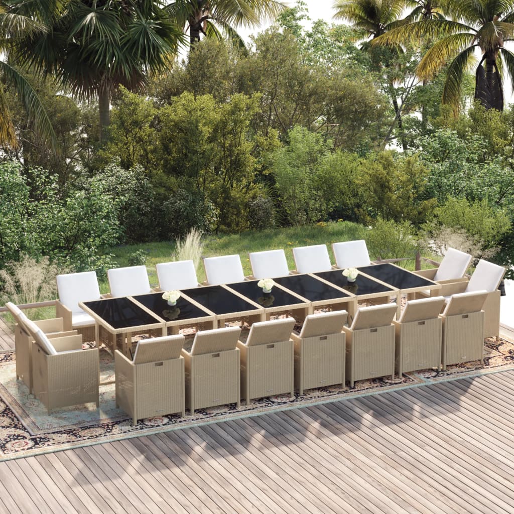 19 Pcs conjunto jantar p/ jardim c/ almofadões vime PE bege