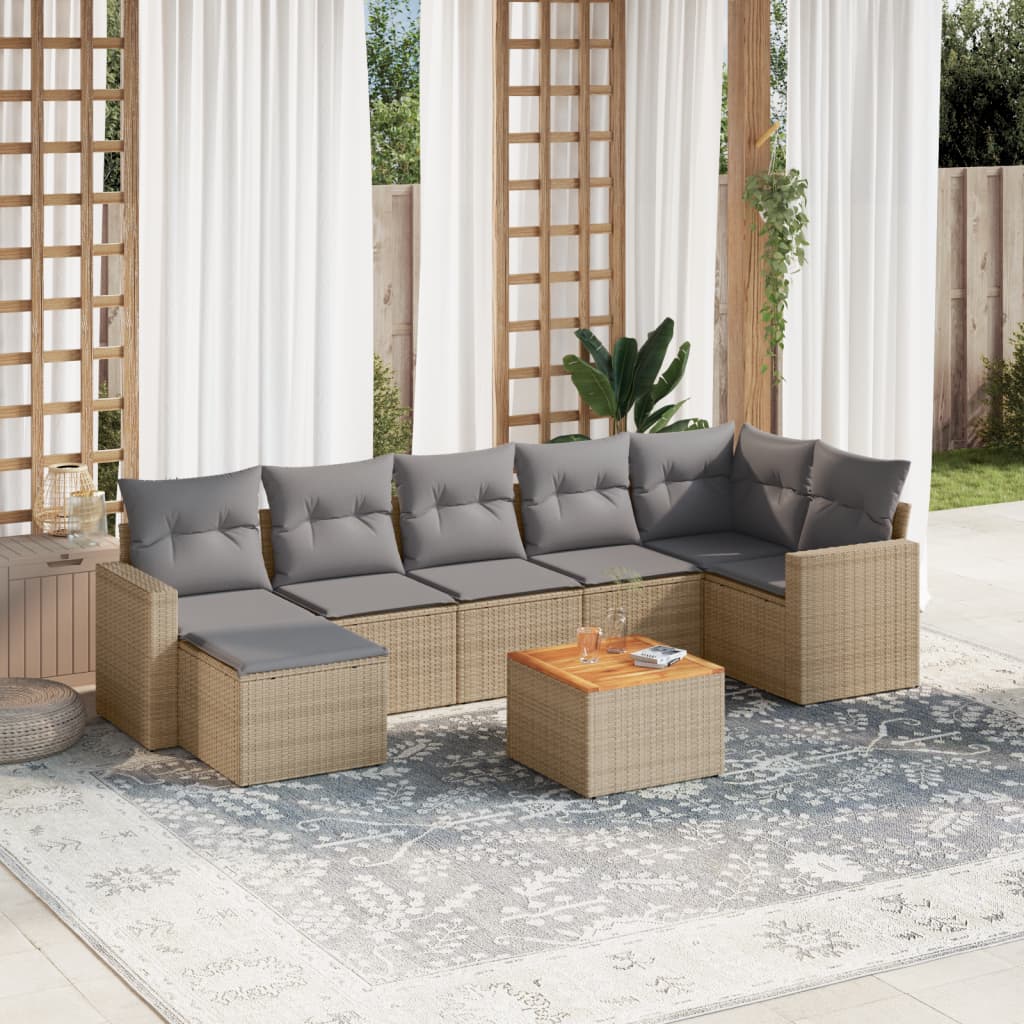 8 Pcs conj. sofás jardim c/ almofadões vime PE bege misturado