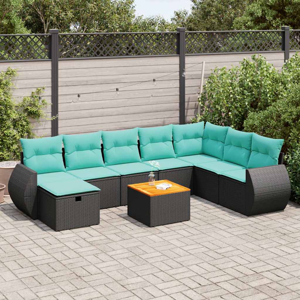 9 Pcs conjunto de sofás p/ jardim c/ almofadões vime PE preto