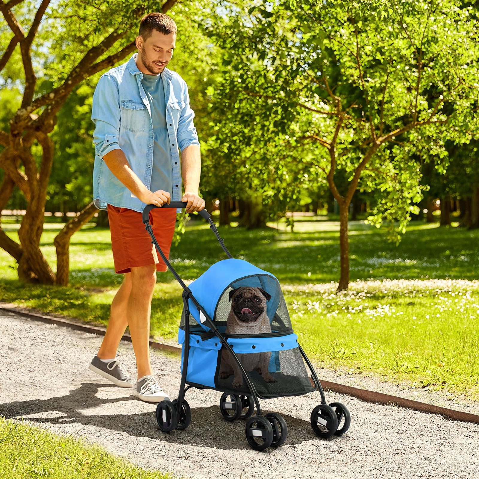 Carrinho para animais de estimação dobrável com janela de malha almofada lavável arnês de segurança 82x47x97cm azul