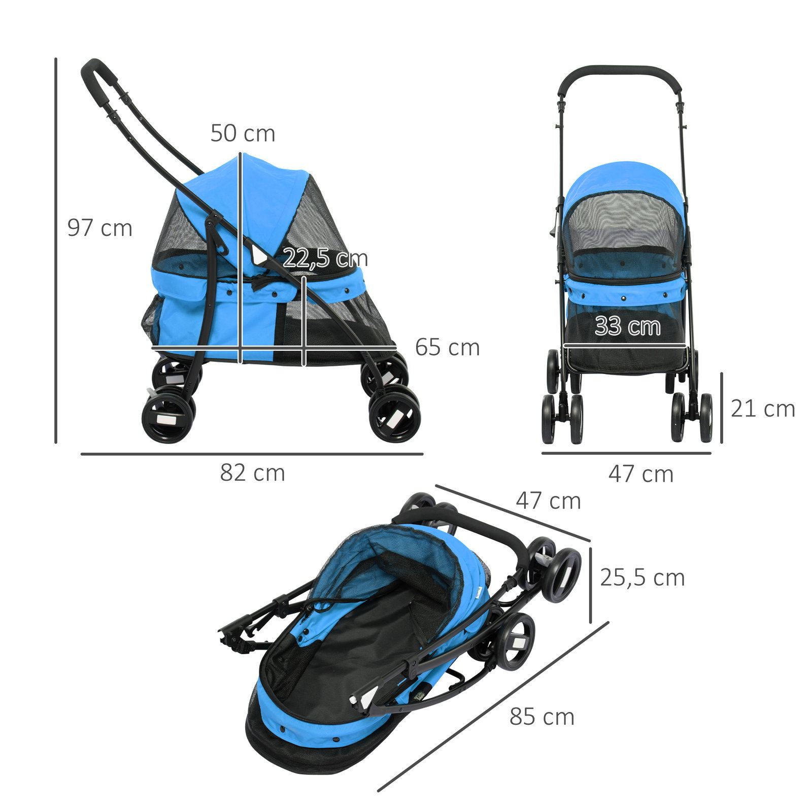 Carrinho para animais de estimação dobrável com janela de malha almofada lavável arnês de segurança 82x47x97cm azul