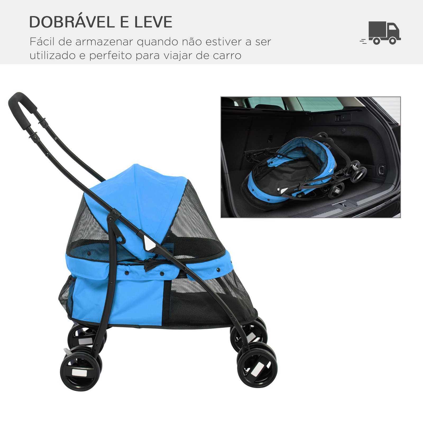 Carrinho para animais de estimação dobrável com janela de malha almofada lavável arnês de segurança 82x47x97cm azul
