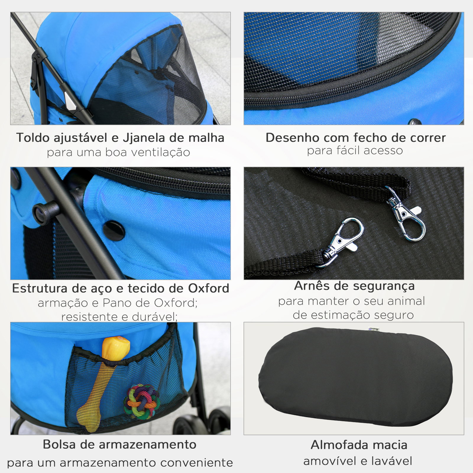 Carrinho para animais de estimação dobrável com janela de malha almofada lavável arnês de segurança 82x47x97cm azul