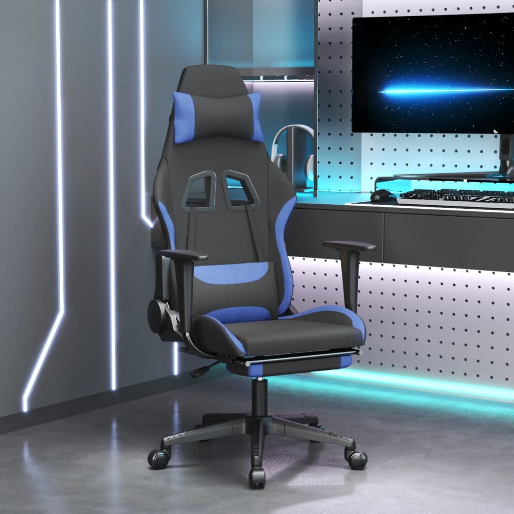Cadeira de gaming com apoio para os pés tecido preto e azul