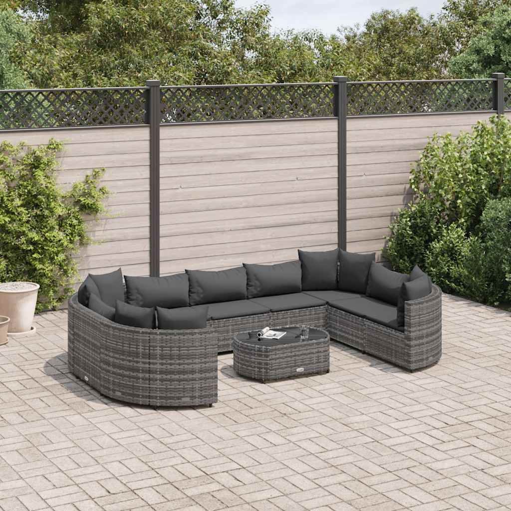 10 Pcs conjunto sofás de jardim c/ almofadões vime PE cinzento