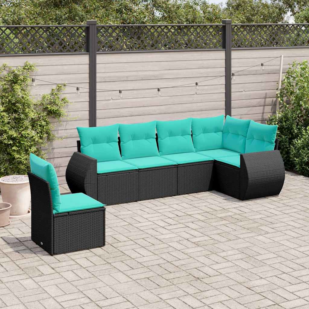 Conjunto de sofá de jardim com 6 peças e almofadas em rattan sintético preto