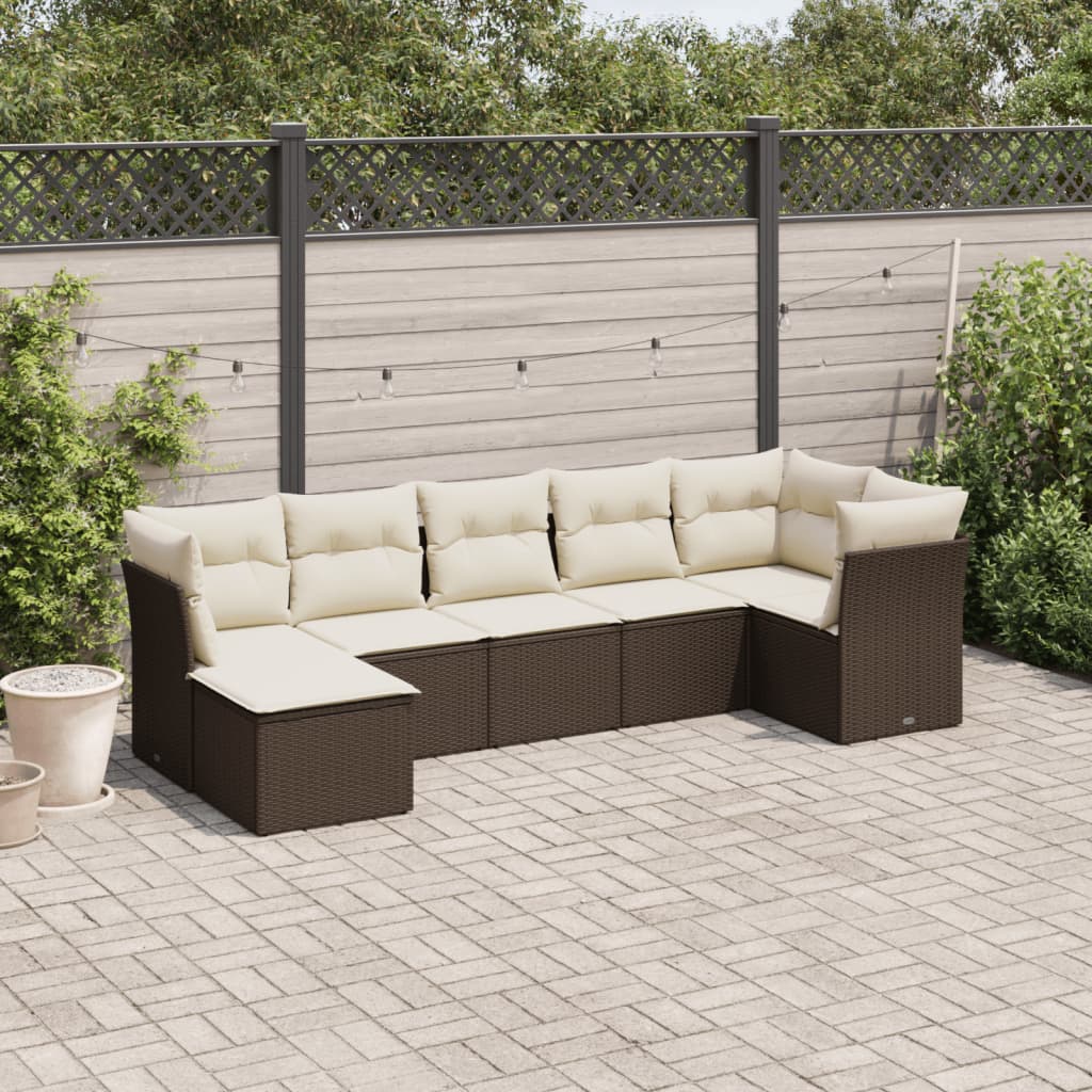 7 Pcs conjunto de sofás jardim c/ almofadões vime PE castanho