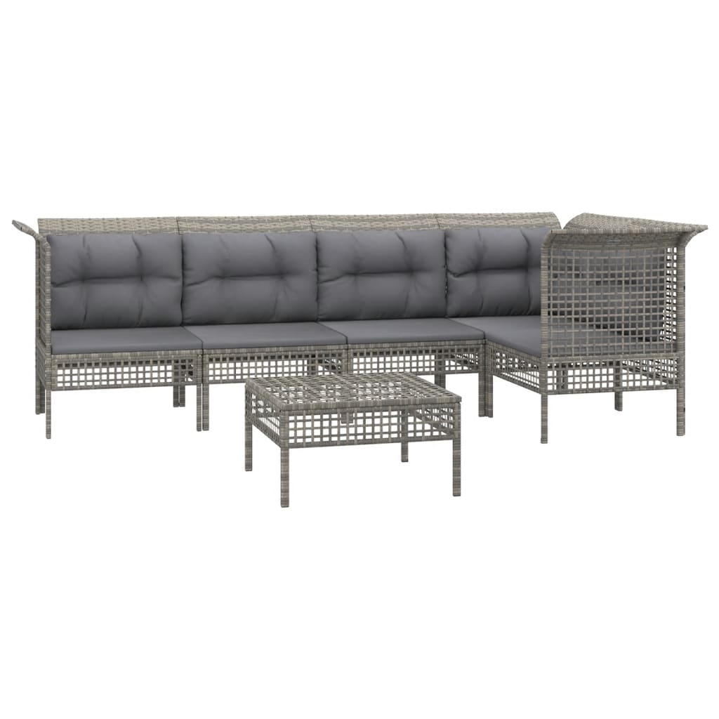 6 Pcs conjunto lounge de jardim c/ almofadões vime PE cinzento