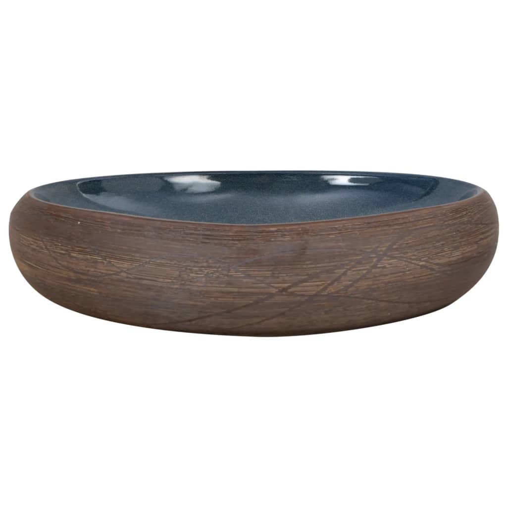 Lavatório de bancada oval 59x40x15 cm cerâmica castanho e azul