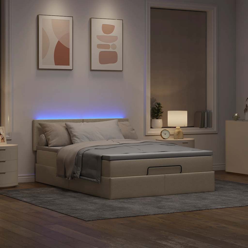 Cama otomana com colchão & leds creme 140x200 cm tecido