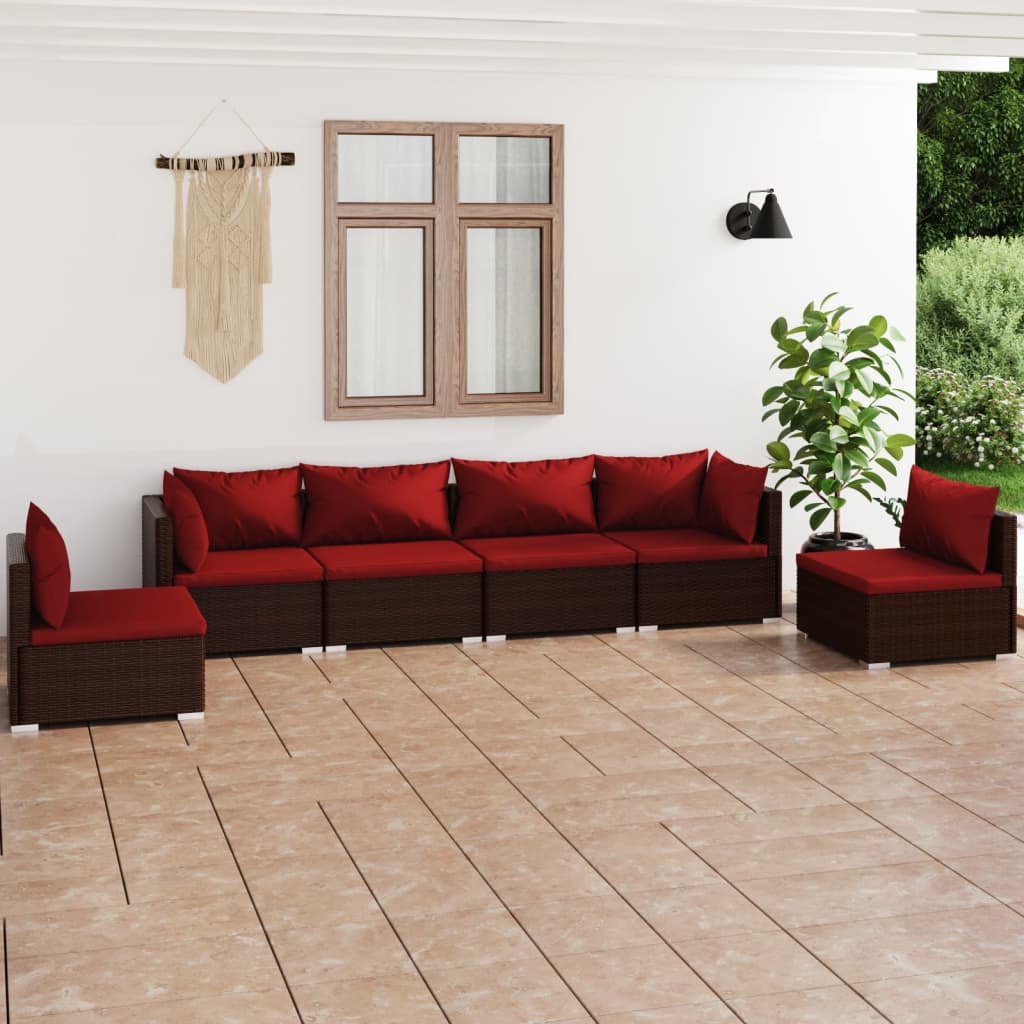 6 Pcs conjunto lounge jardim c/ almofadões vime PE castanho