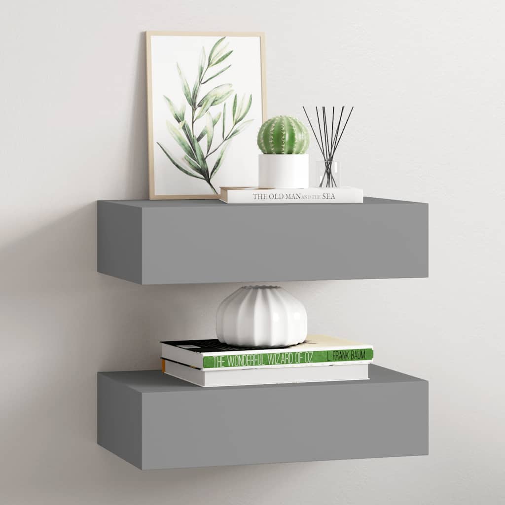 Prateleiras de parede com gavetas 2 pcs MDF 40x23,5x10 cm cinza