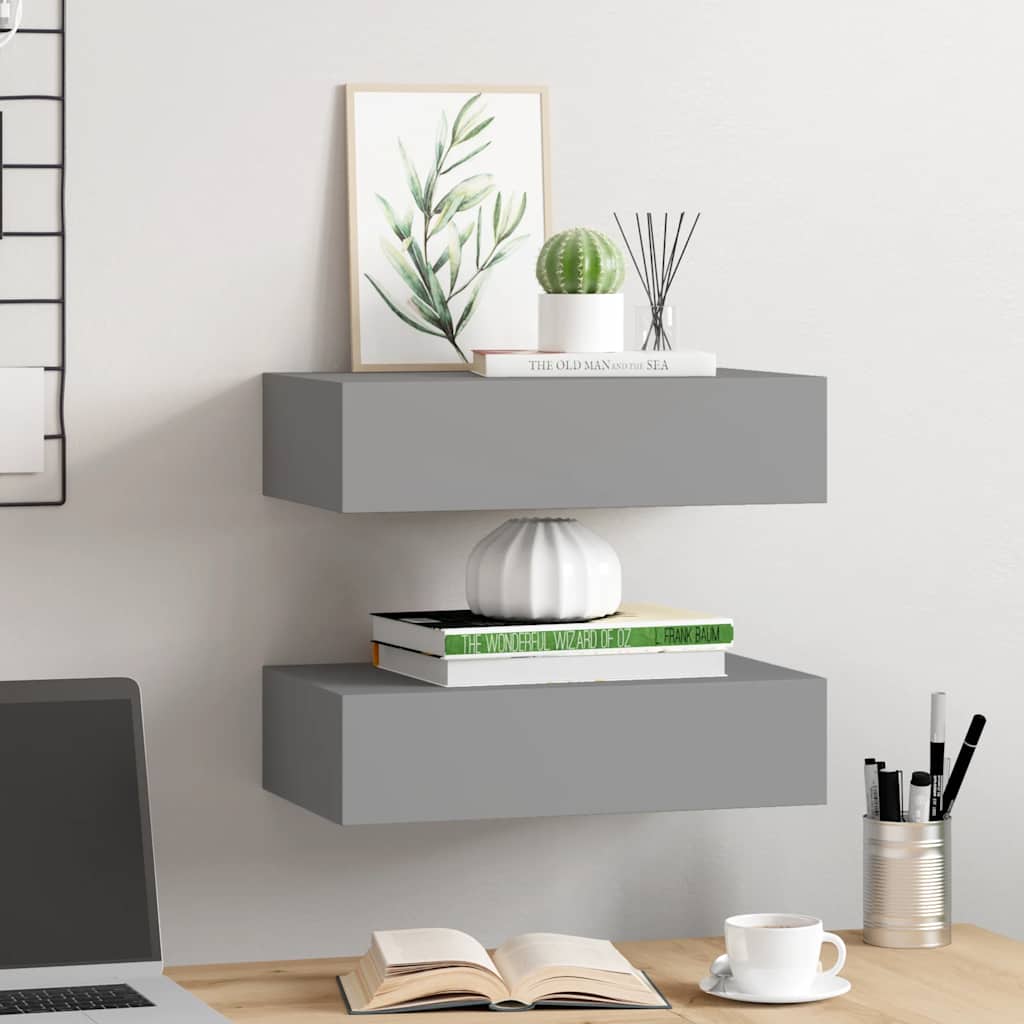 Prateleiras de parede com gavetas 2 pcs MDF 40x23,5x10 cm cinza