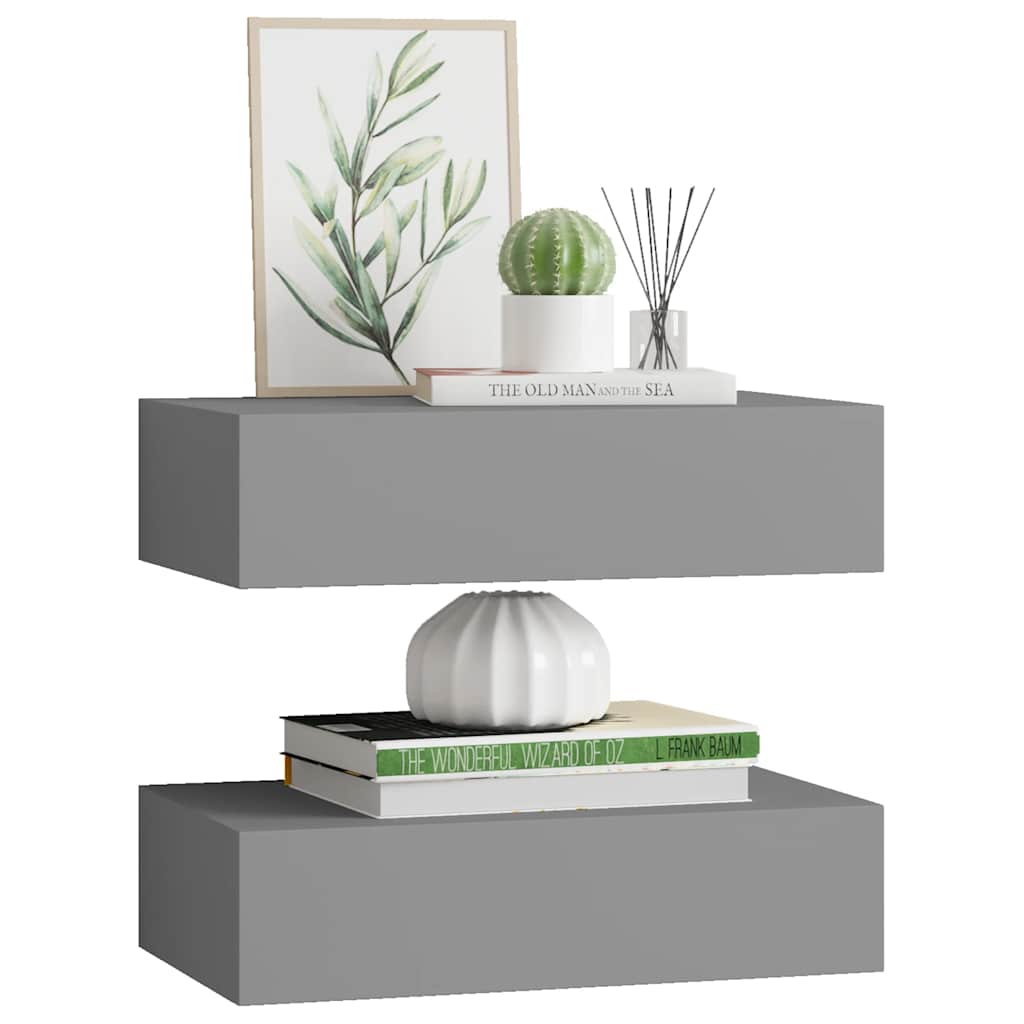 Prateleiras de parede com gavetas 2 pcs MDF 40x23,5x10 cm cinza