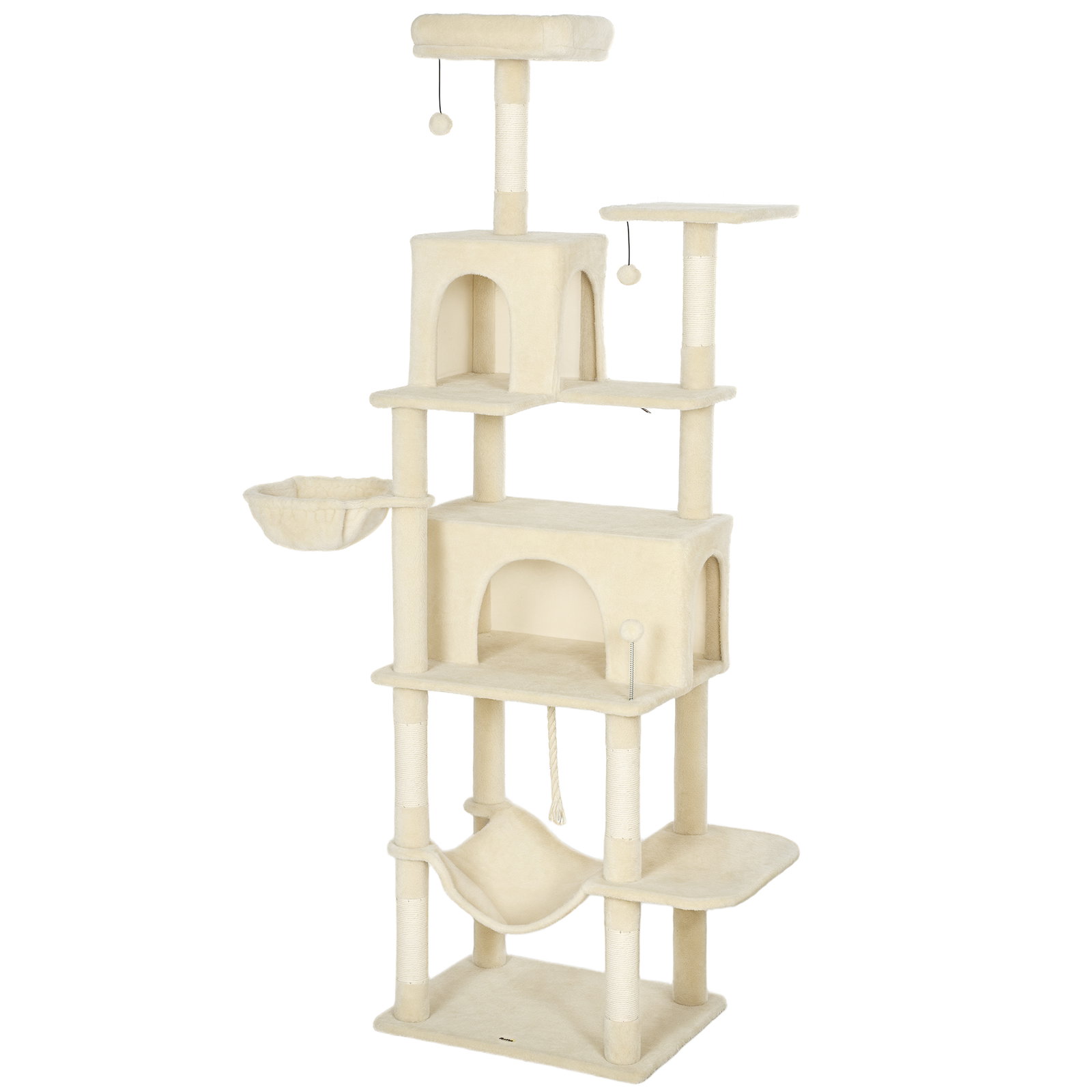 Arranhador para gatos com plataformas plataformas caverna postes de sisal bolas e corda para brincar 60x48x202 cm bege