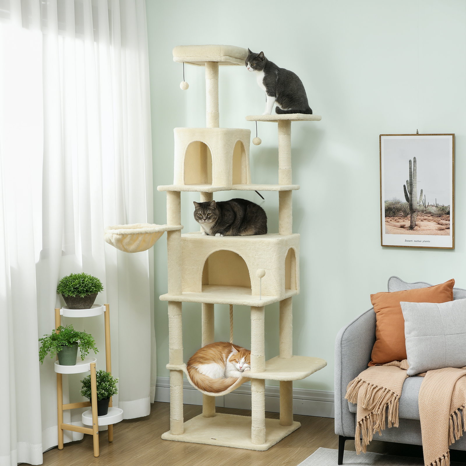 Arranhador para gatos com plataformas plataformas caverna postes de sisal bolas e corda para brincar 60x48x202 cm bege