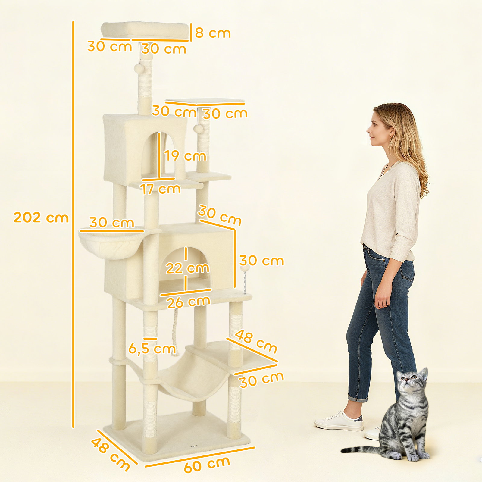 Arranhador para gatos com plataformas plataformas caverna postes de sisal bolas e corda para brincar 60x48x202 cm bege