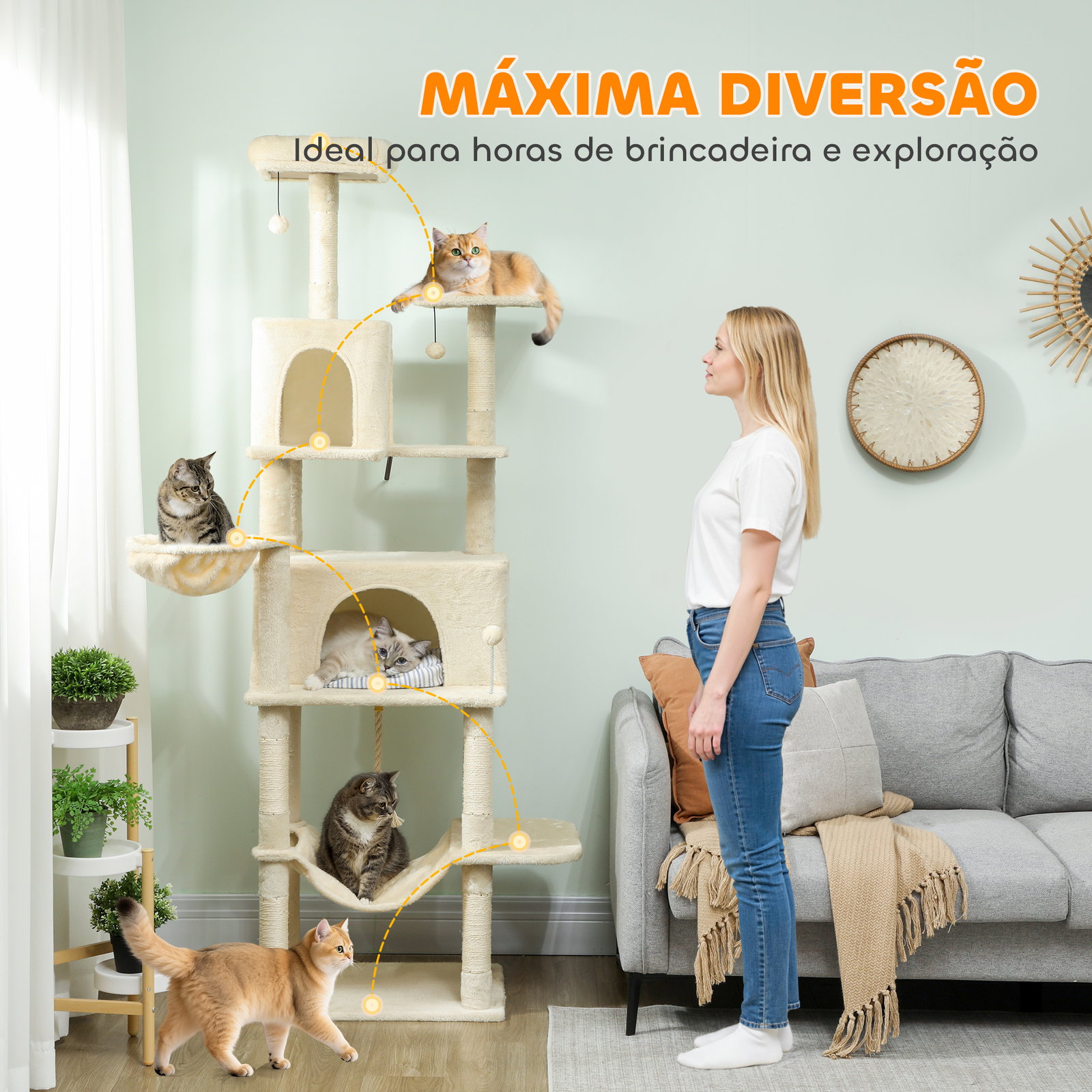 Arranhador para gatos com plataformas plataformas caverna postes de sisal bolas e corda para brincar 60x48x202 cm bege
