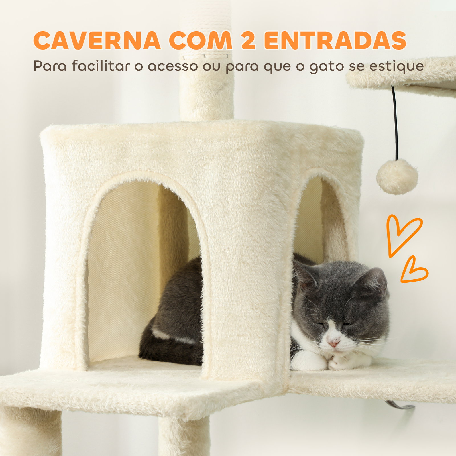 Arranhador para gatos com plataformas plataformas caverna postes de sisal bolas e corda para brincar 60x48x202 cm bege
