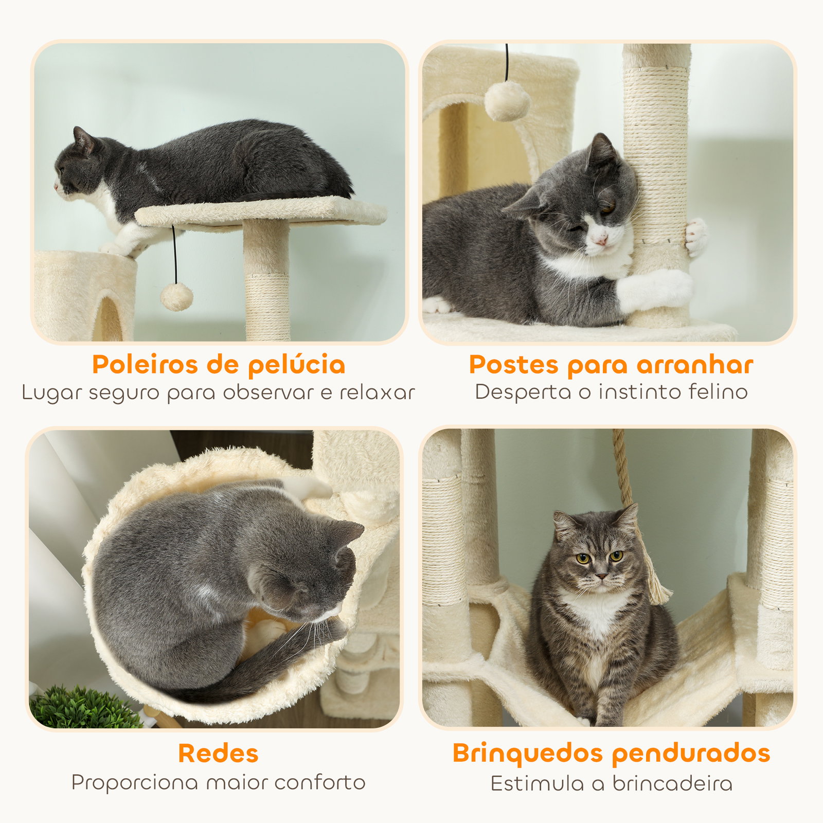 Arranhador para gatos com plataformas plataformas caverna postes de sisal bolas e corda para brincar 60x48x202 cm bege