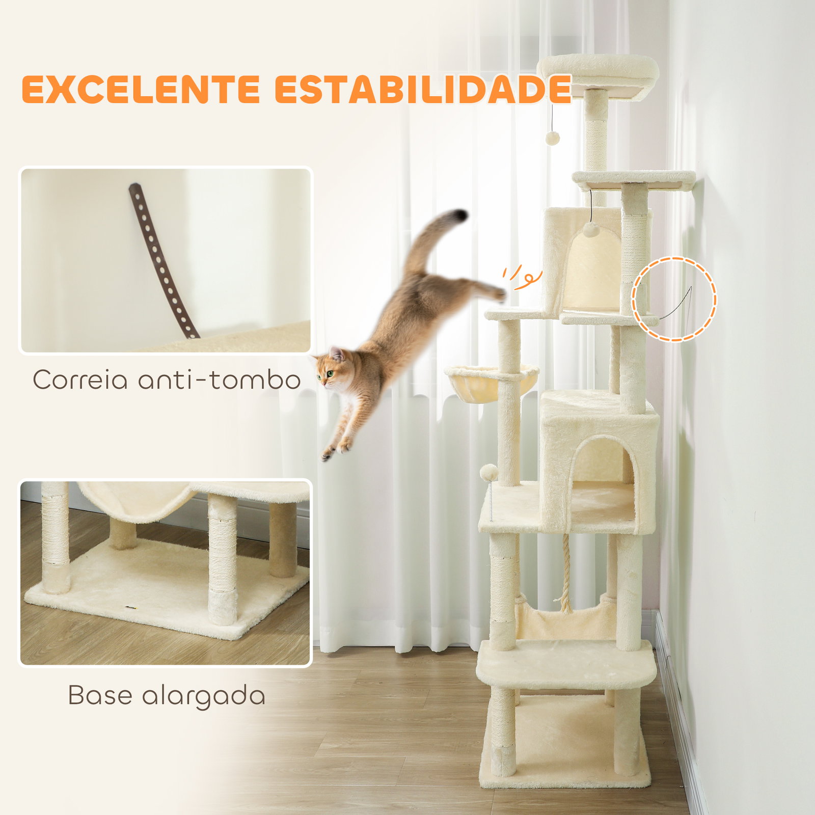 Arranhador para gatos com plataformas plataformas caverna postes de sisal bolas e corda para brincar 60x48x202 cm bege