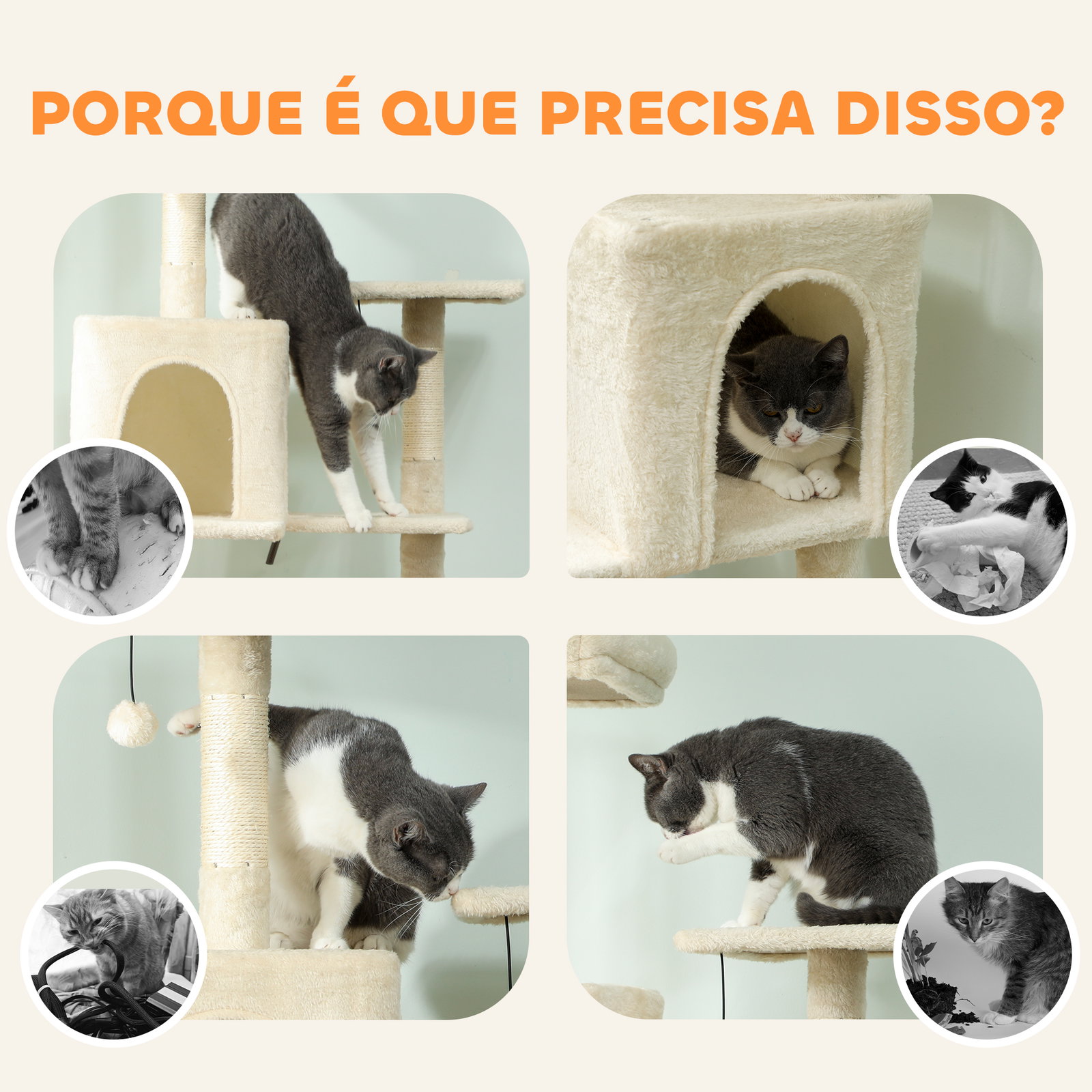 Arranhador para gatos com plataformas plataformas caverna postes de sisal bolas e corda para brincar 60x48x202 cm bege