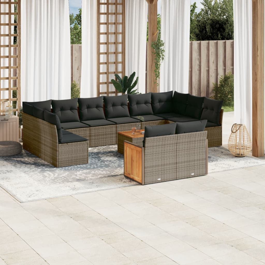 13 Pcs conjunto sofás p/ jardim c/ almofadões vime PE cinzento