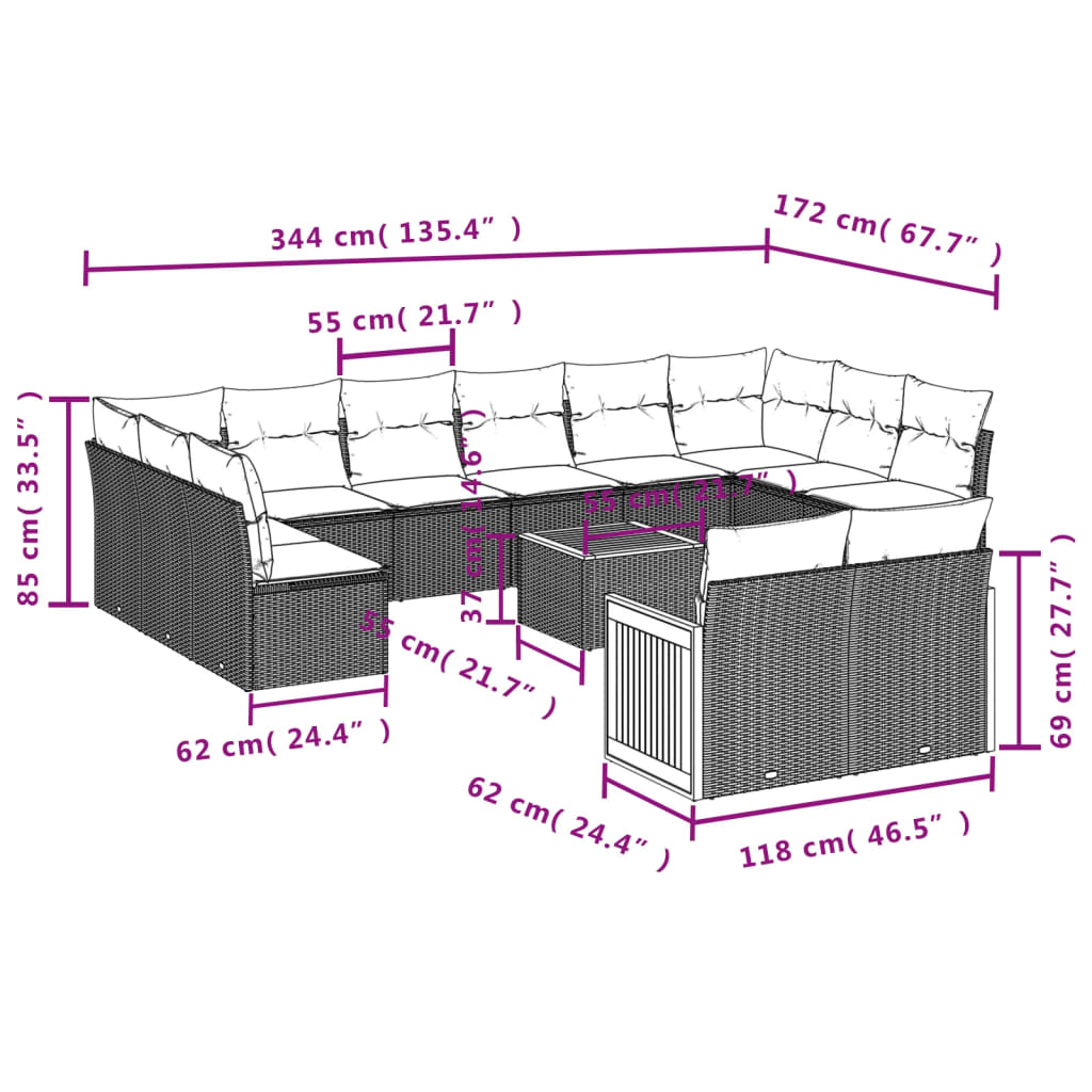 13 Pcs conjunto sofás p/ jardim c/ almofadões vime PE cinzento