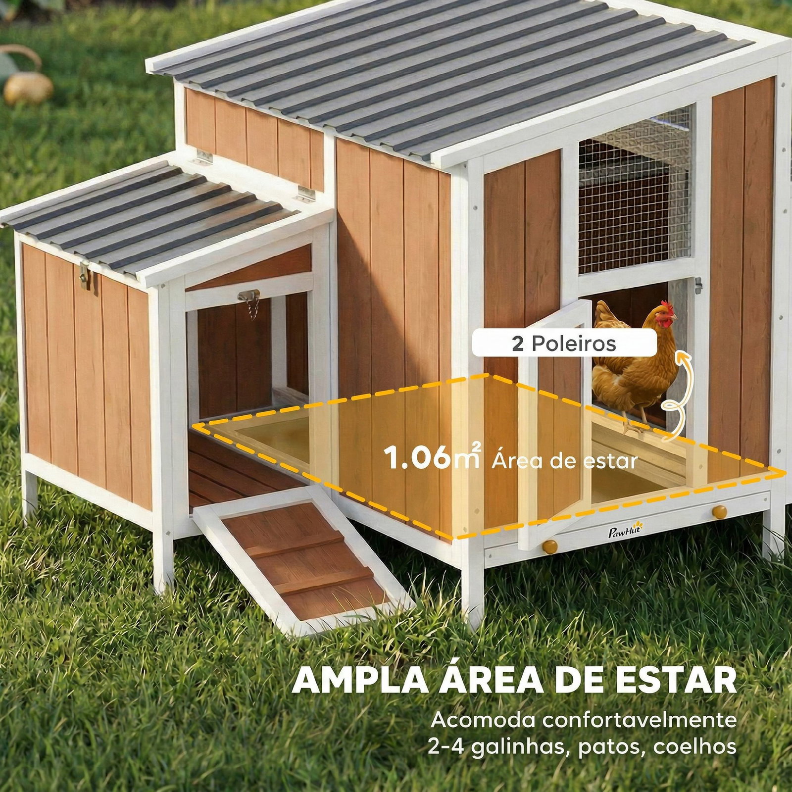 Galinheiro de madeira galinheiro de exterior para 2-4 galinhas com casa principal ninho bandeja amovivel 145x90x92 cm castanho claro