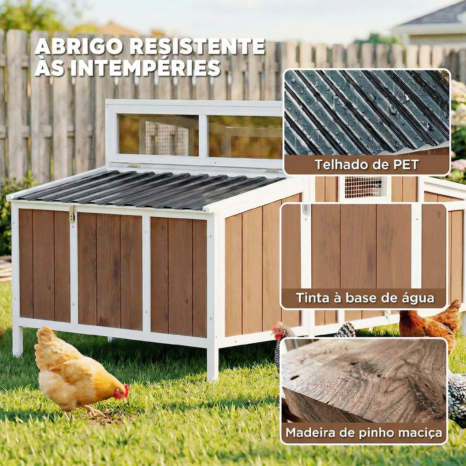 Galinheiro de madeira galinheiro de exterior para 2-4 galinhas com casa principal ninho bandeja amovivel 145x90x92 cm castanho claro