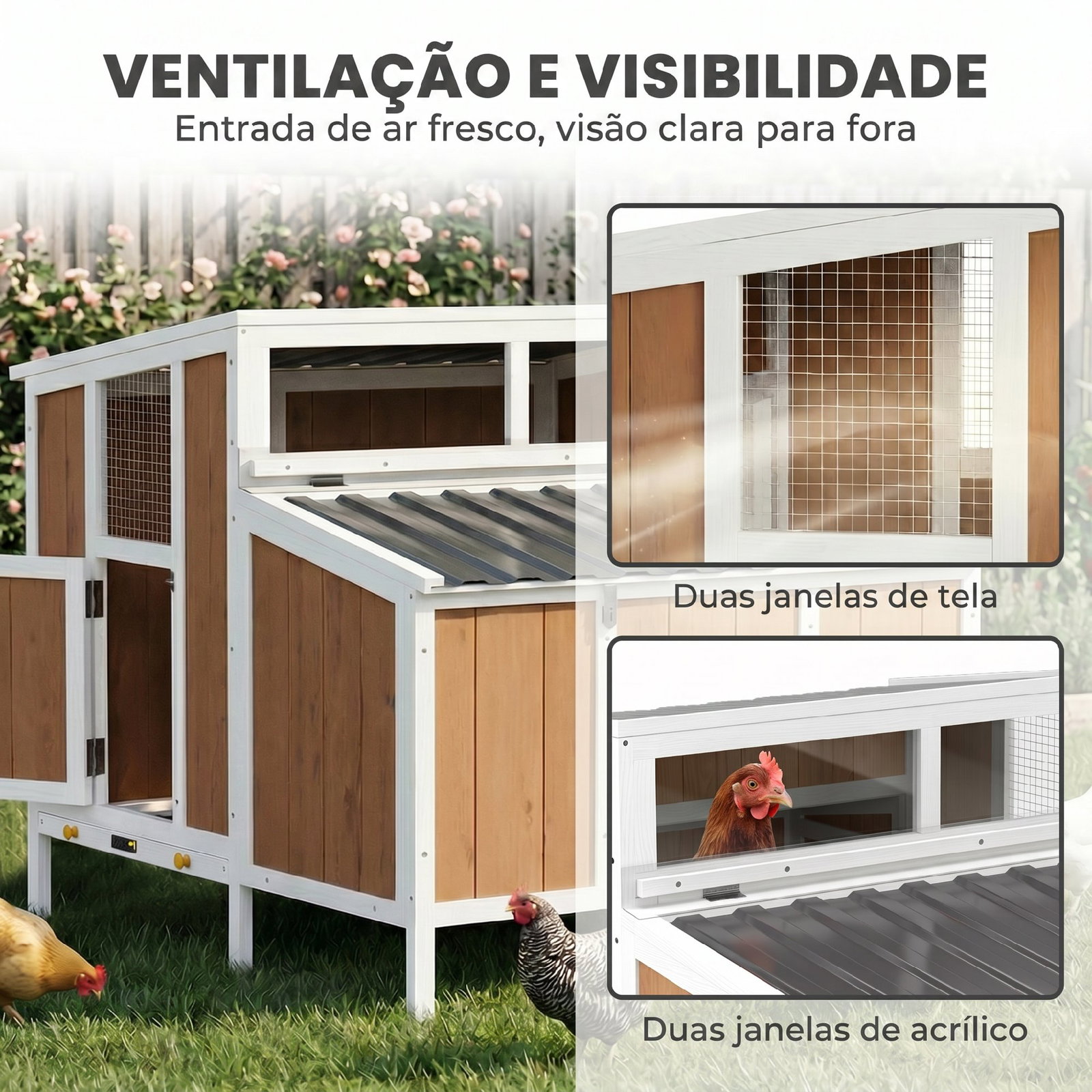 Galinheiro de madeira galinheiro de exterior para 2-4 galinhas com casa principal ninho bandeja amovivel 145x90x92 cm castanho claro