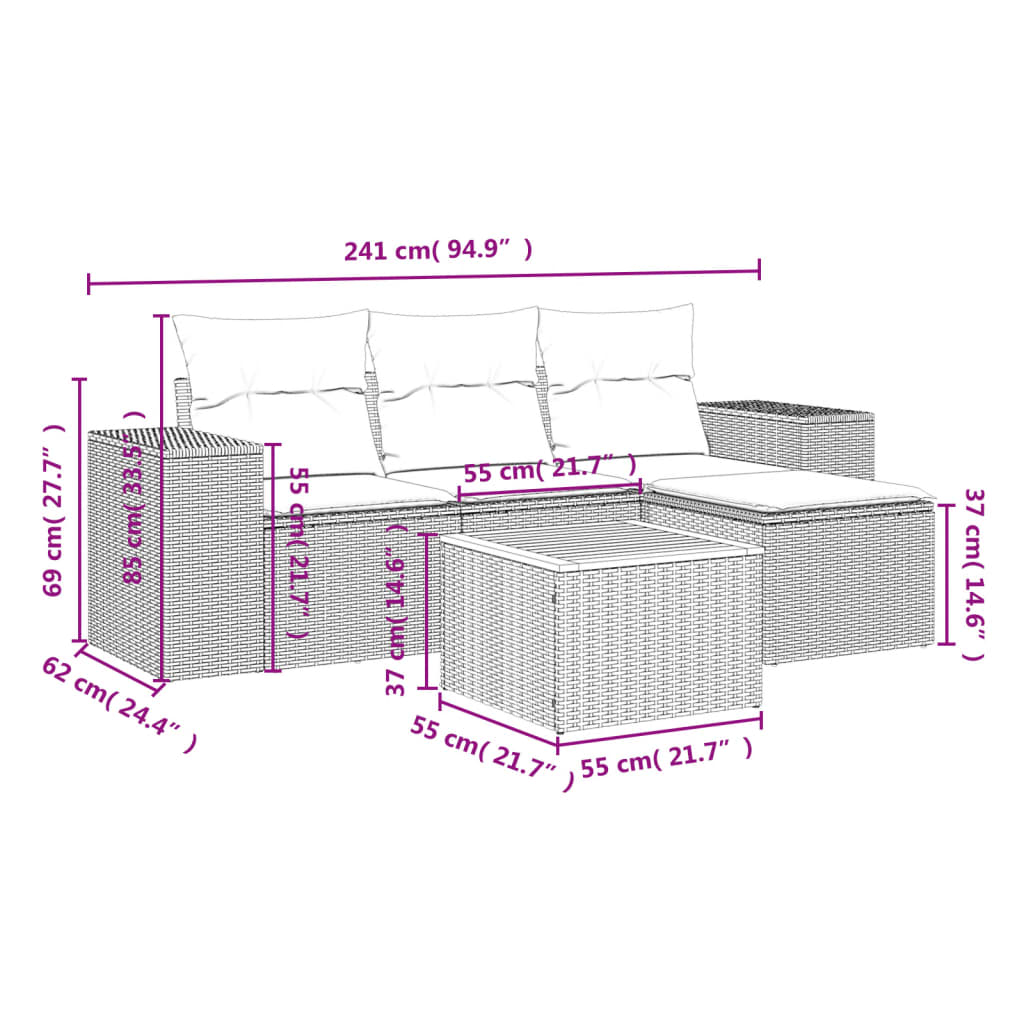 5 Pcs conjunto sofás de jardim com almofadões vime PE preto