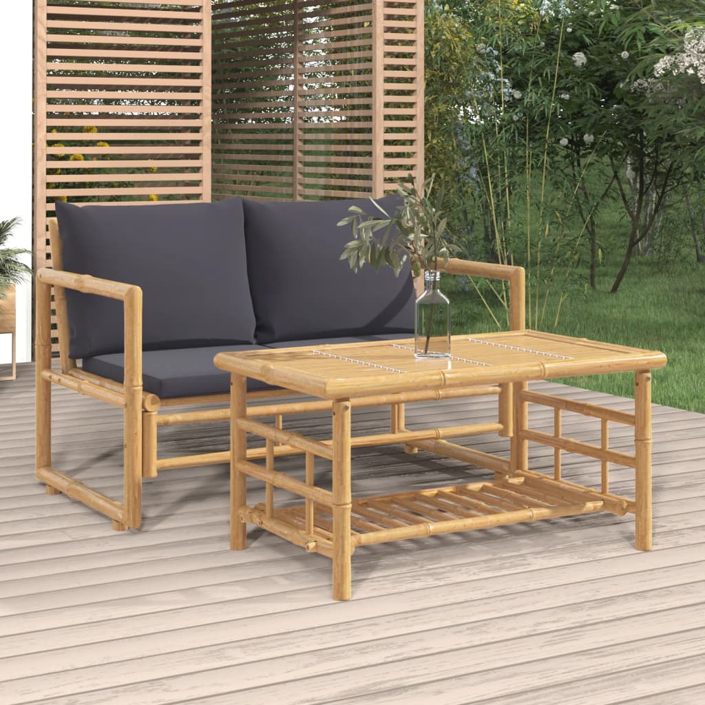 2Pcs conj. lounge de jardim bambu c/ almofadões cinzento-escuro