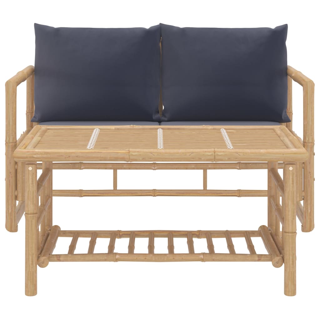 2Pcs conj. lounge de jardim bambu c/ almofadões cinzento-escuro