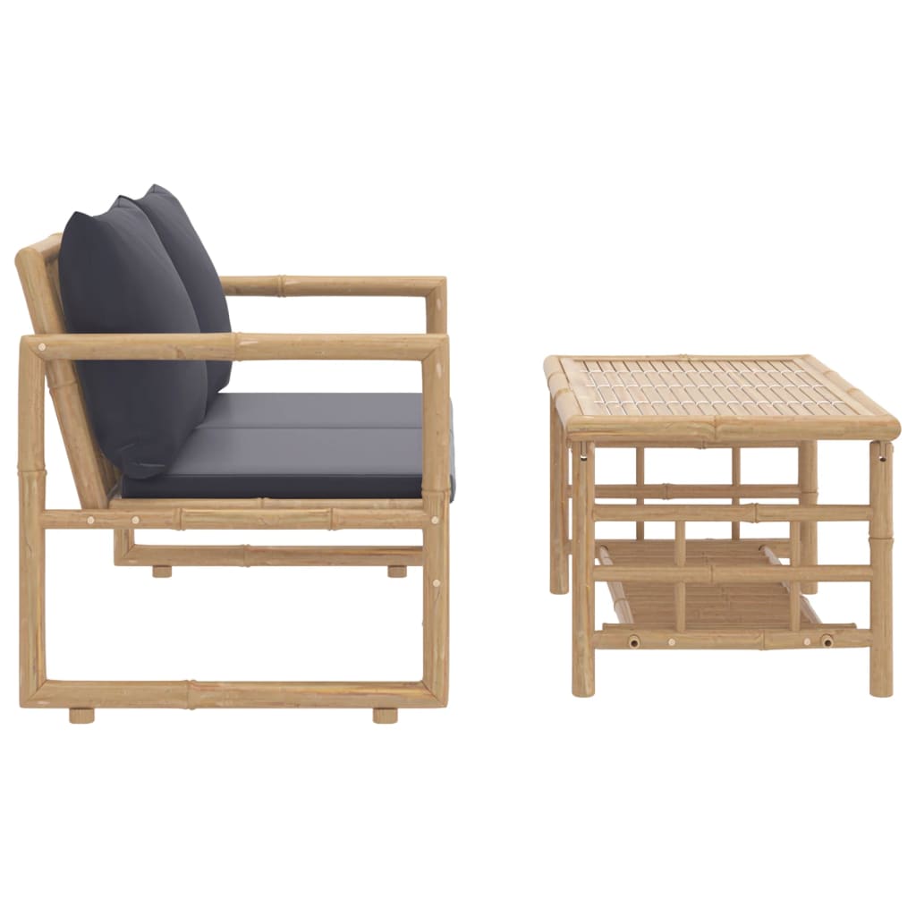 2Pcs conj. lounge de jardim bambu c/ almofadões cinzento-escuro