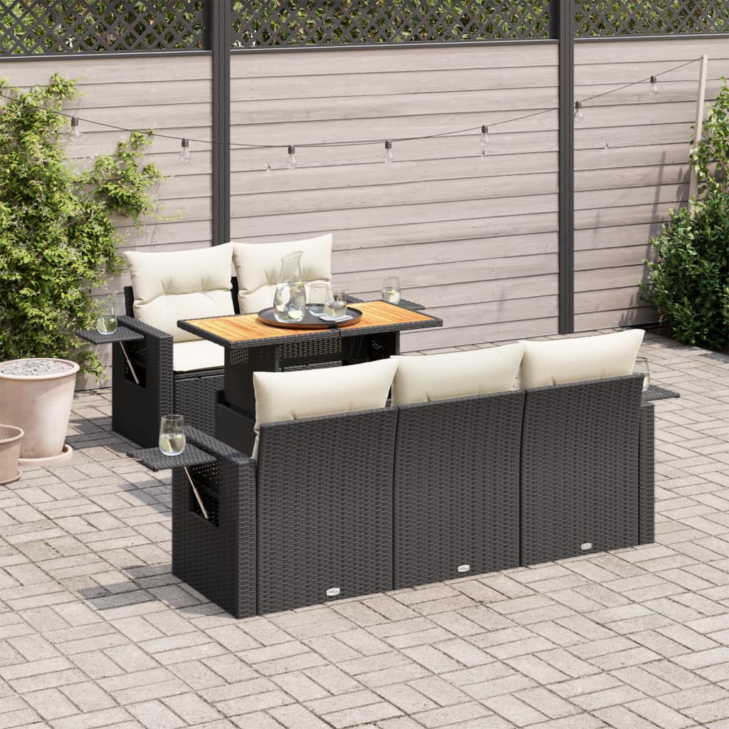 6 Pcs conjunto sofás de jardim c/ almofadões vime PE preto