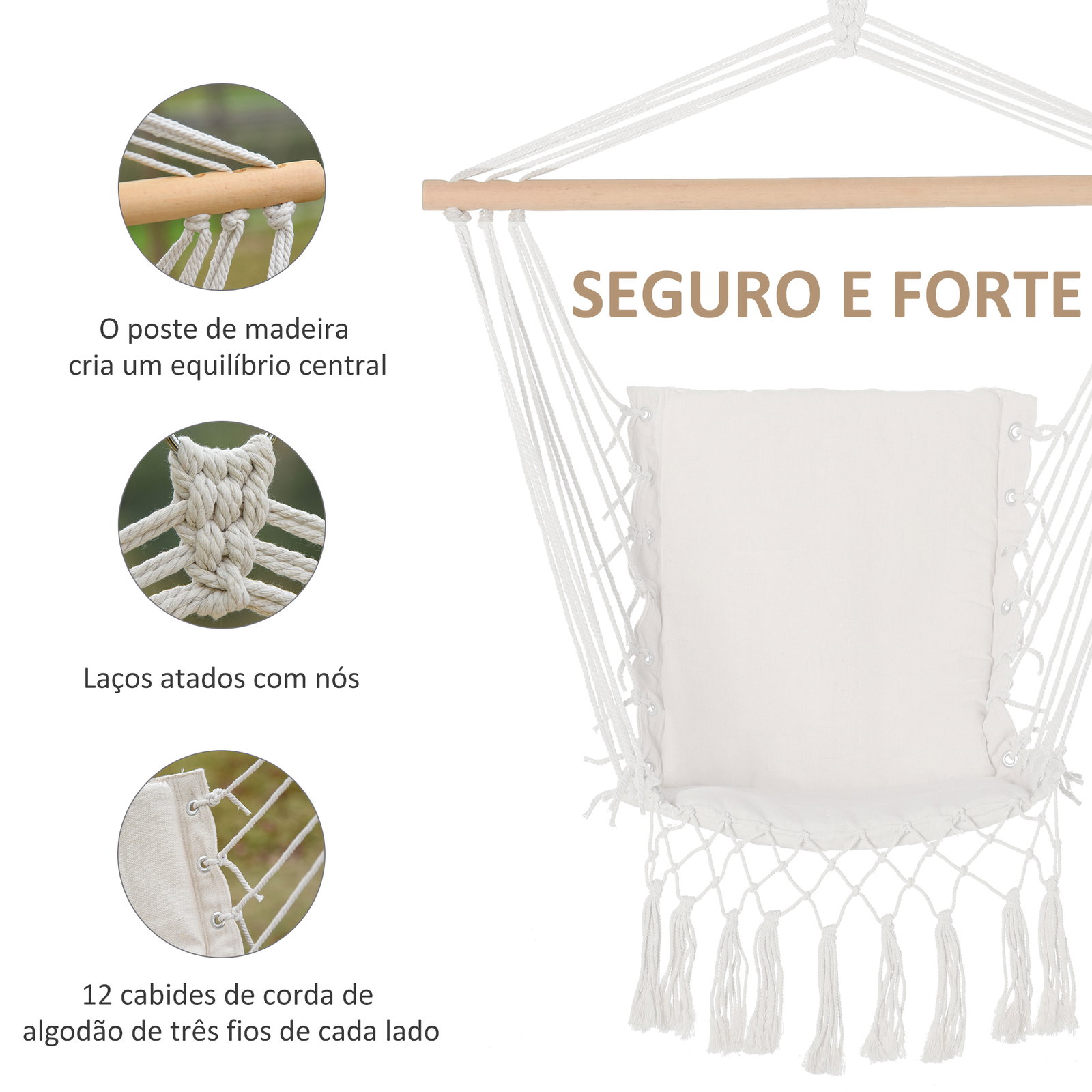 Cadeira suspensa com borlas cadeira rede suspensa de algodão capacidade 120 kg estilo moderno para exterior 90x50 cm bege