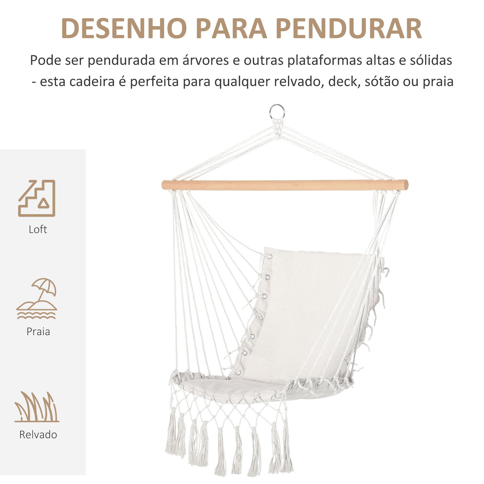 Cadeira suspensa com borlas cadeira rede suspensa de algodão capacidade 120 kg estilo moderno para exterior 90x50 cm bege