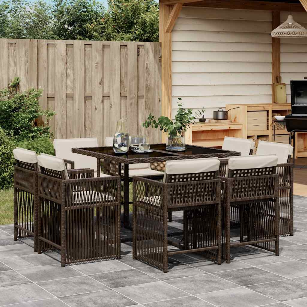 9 Pcs conjunto jantar p/ jardim c/ almofadões vime PE castanho