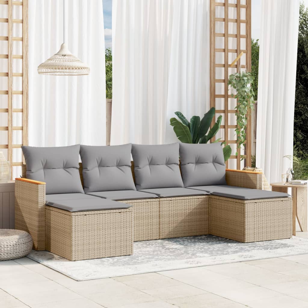 6 Pcs conj. sofás jardim c/ almofadões vime PE bege misturado