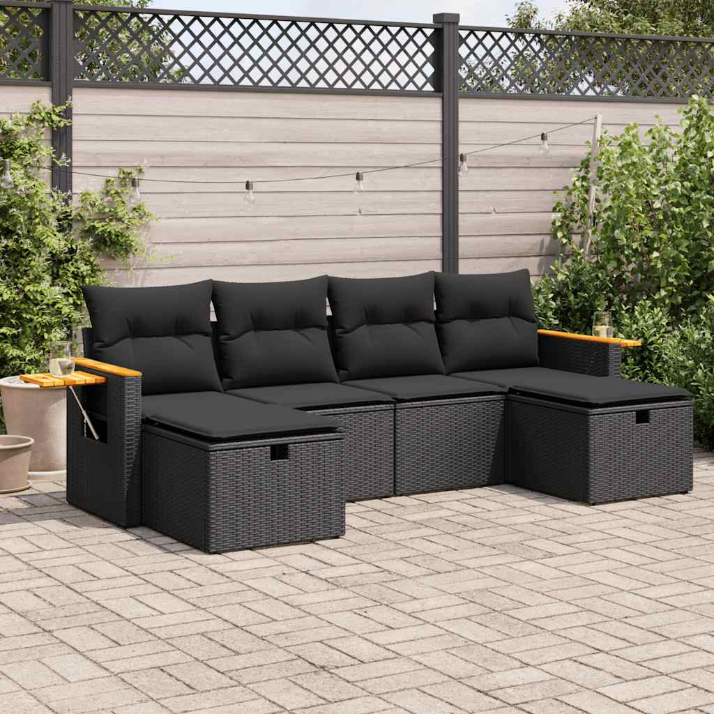 6 Pcs conjunto sofás de jardim c/ almofadões vime PE preto