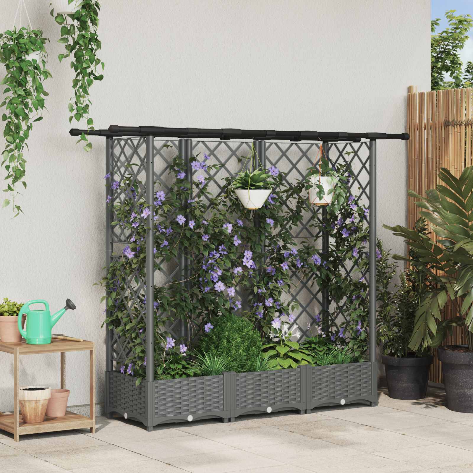 Cama elevada com treliça e telhado cinzento-claro PP