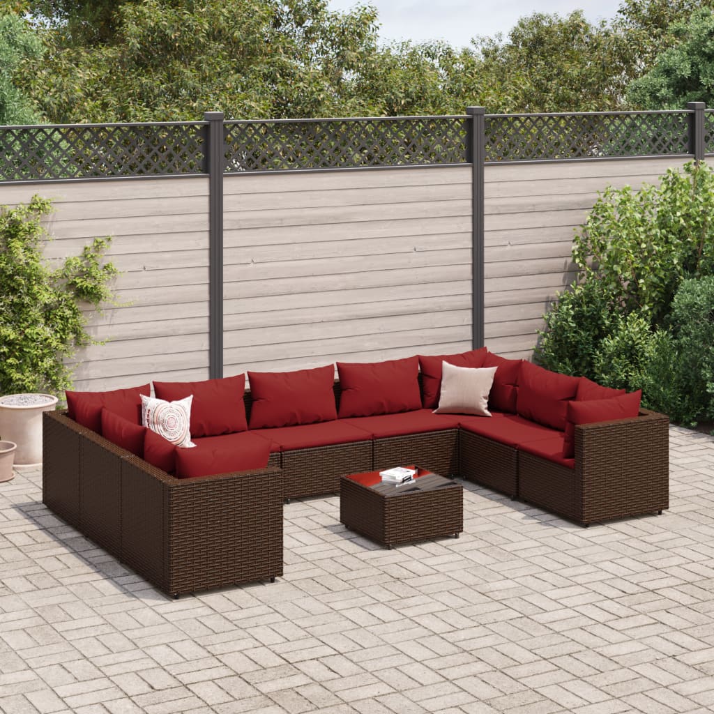 10 Pcs conjunto lounge jardim c/ almofadões vime PE castanho
