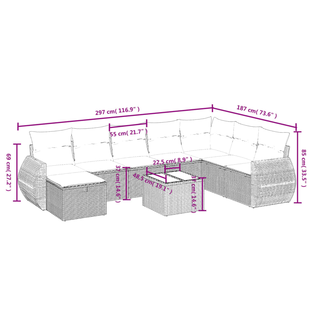 9 Pcs conjunto de sofás p/ jardim com almofadões vime PE bege