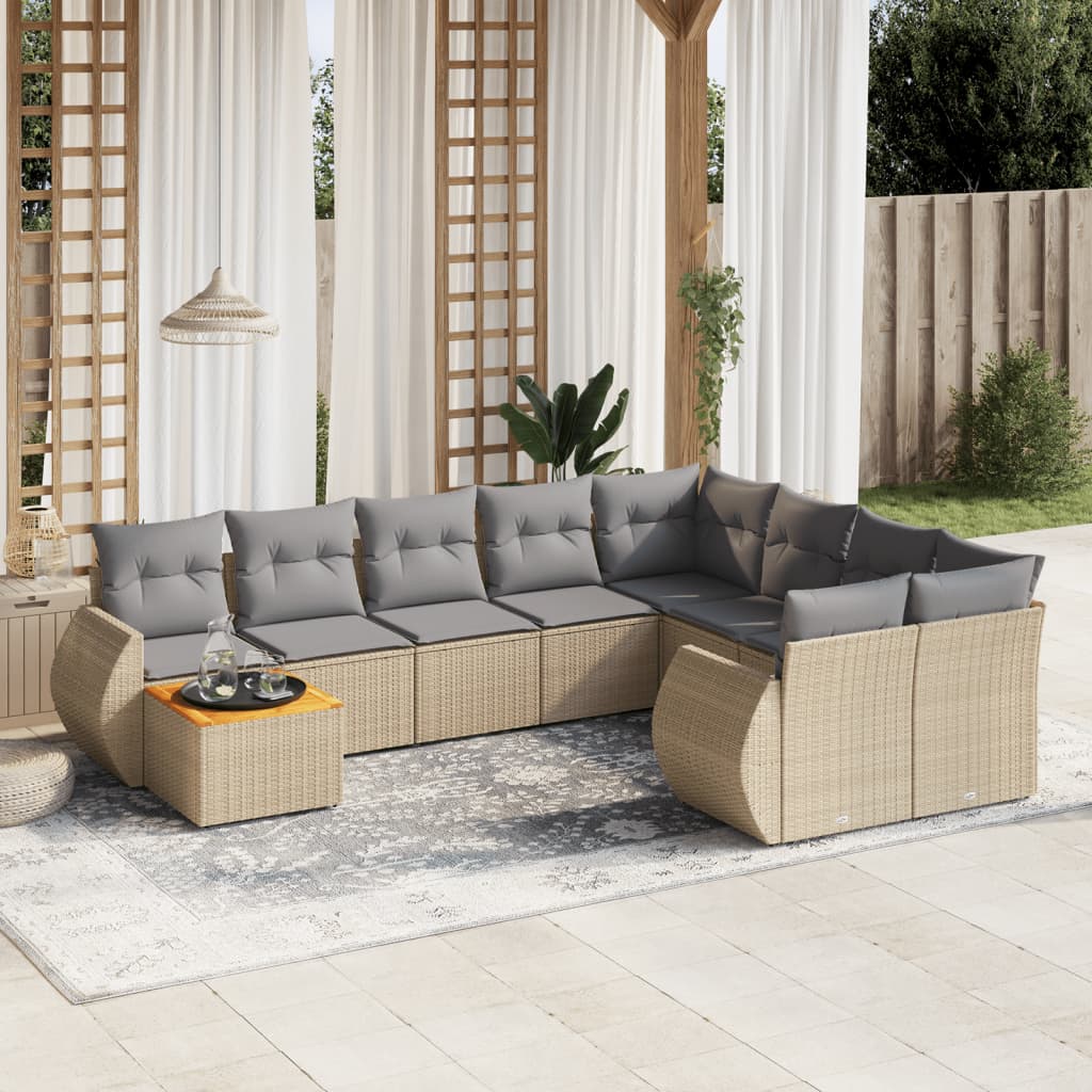 10 Pcs conjunto de sofás p/ jardim com almofadões vime PE bege