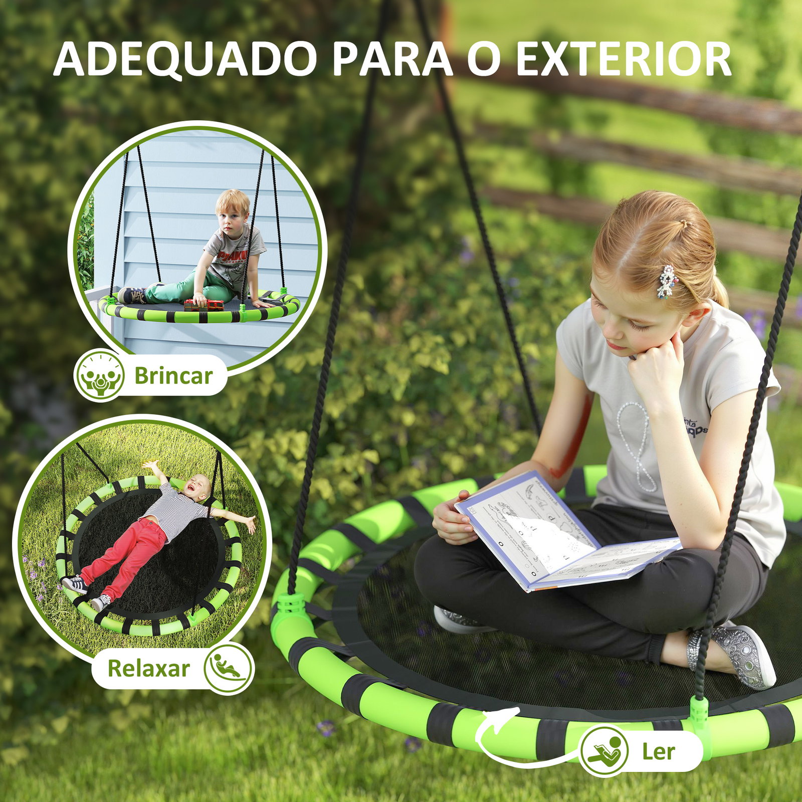 Baloiço para crianças redondo baloiço de jardim infantil ajustável impermeável carga 150kg ø100x180 cm preto e verde